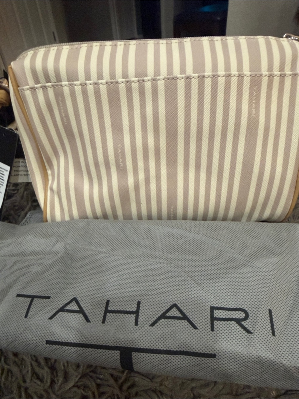 Tahari Striped Crossbody in Beige and Cream with Tan Trim - Picture 3 of 4